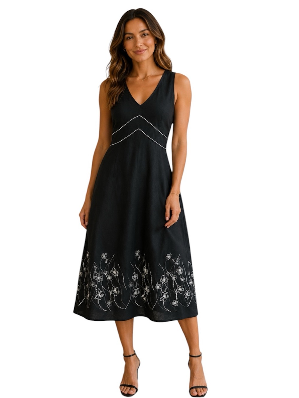 Vintage Nikki Valentine Black Irish Linen Embroidered Dress
